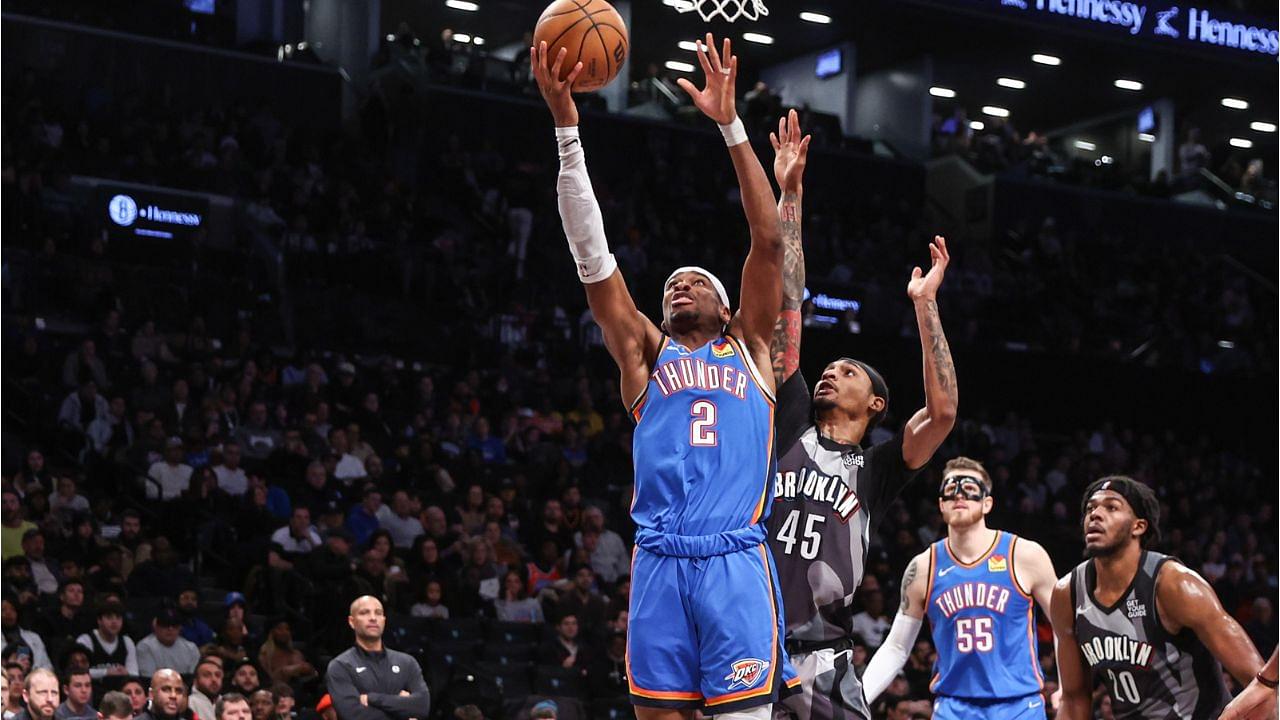 Oklahoma City Thunder guard Shai Gilgeous-Alexander (2) drives past Brooklyn Nets guard Keon Johnson (45) in the second quarter at Barclays Center