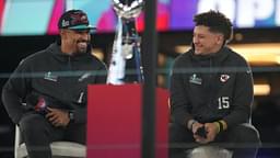 Kansas City Chiefs quarterback Patrick Mahomes, right, and Philadelphia Eagles quarterback Jalen Hurts, left, share the stage at the Footprint Center in downtown Phoenix during the NFL's Super Bowl opening night on Feb. 6, 2023.