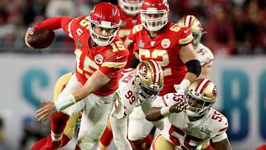 Kansas City Chiefs quarterback Patrick Mahomes breaks off a run after escaping from San Francisco 49ers defensive tackle DeForest Buckner and defensive end Dee Ford during the fourth quarter of Super Bowl LIV at Hard Rock Stadium in Miami Gardens, on Feb. 2, 2020.