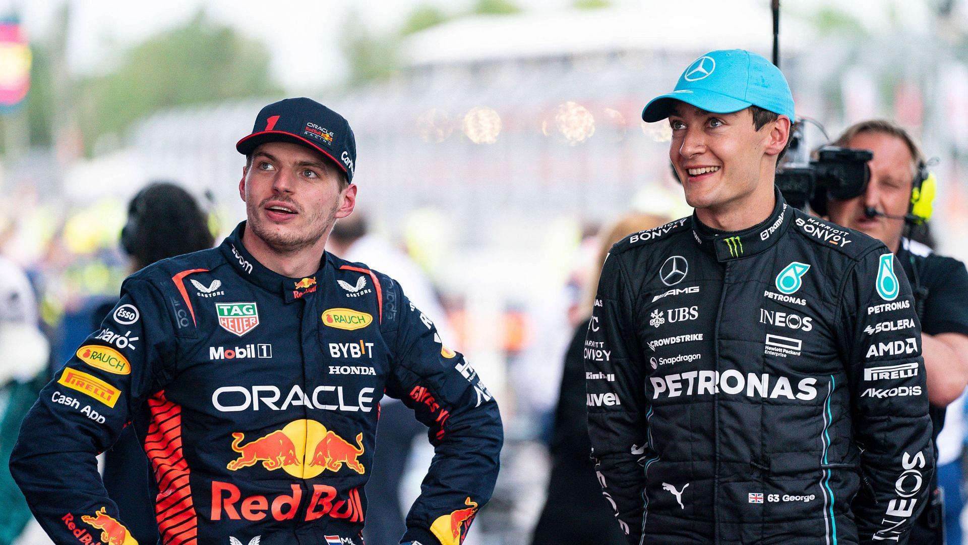 MAX VERSTAPPEN of the Netherlands and Red Bull Racing and GEORGE RUSSELL of Great Britain and Mercedes-AMG F1 Team are seen after the 2023 FIA Formula 1 Spanish Grand Prix