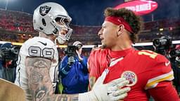 Kansas City Chiefs quarterback Patrick Mahomes (15) greets Las Vegas Raiders defensive end Maxx Crosby (98) after the game at GEHA Field at Arrowhead Stadium.