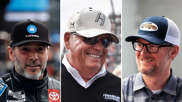 (L-R) 7X NASCAR Cup Series champion Jimmie Johnson with Hendrick Motorsports owner Rick Hendrick and Former Cup Series driver and Xfinity Series team owner Dale Earnhardt Jr.