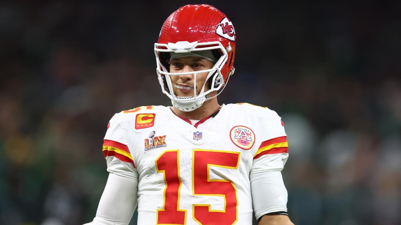 Feb 9, 2025; New Orleans, LA, USA; Kansas City Chiefs quarterback Patrick Mahomes (15) reacts in the fourth quarter against the Philadelphia Eagles in Super Bowl LIX at Caesars Superdome.