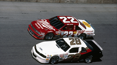 1987 Feb 12: Bobby Allison (22) Buick races Davey Allison (28) Ford Thunderbird in the 7-11 Twin 125s NASCAR Motorsport USA Winston Cup Series at Daytona International Speedway in Daytona Beach FL NASCAR Motorsport USA 1987 FEB 12 - 7-11 Twin 125s Icon9510212870222 EDITORIAL USE ONLY