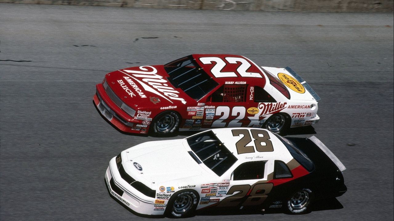 1987 Feb 12: Bobby Allison (22) Buick races Davey Allison (28) Ford Thunderbird in the 7-11 Twin 125s NASCAR Motorsport USA Winston Cup Series at Daytona International Speedway in Daytona Beach FL NASCAR Motorsport USA 1987 FEB 12 - 7-11 Twin 125s Icon9510212870222 EDITORIAL USE ONLY