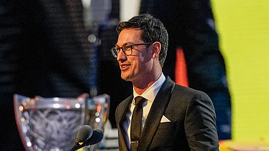 NASCAR Cup Series driver Joey Logano (22) talks to the audience after being announced as the three time Cup champion during the NASCAR Awards Banquet at Charlotte Convention Center.