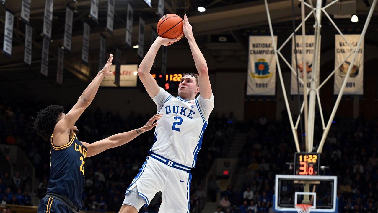 Duke Blue Devils forward Cooper Flagg (2) shoots over California Golden Bears guard Christian Tucker (22) during the second half at Cameron Indoor Stadium