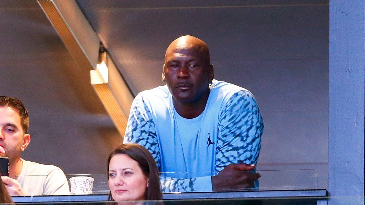 North Carolina Tar Heels former player Michael Jordan watches the game against the Davidson Wildcats from a suite at the Spectrum Center.