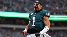 Philadelphia Eagles quarterback Jalen Hurts (1) before action against the Los Angeles Rams in a 2025 NFC divisional round game at Lincoln Financial Field.