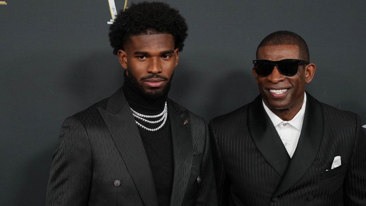 Deion Sanders (right) with his son Shedeur Sanders on the red carpet before Super Bowl LIX NFL Honors at Saenger Theatre.