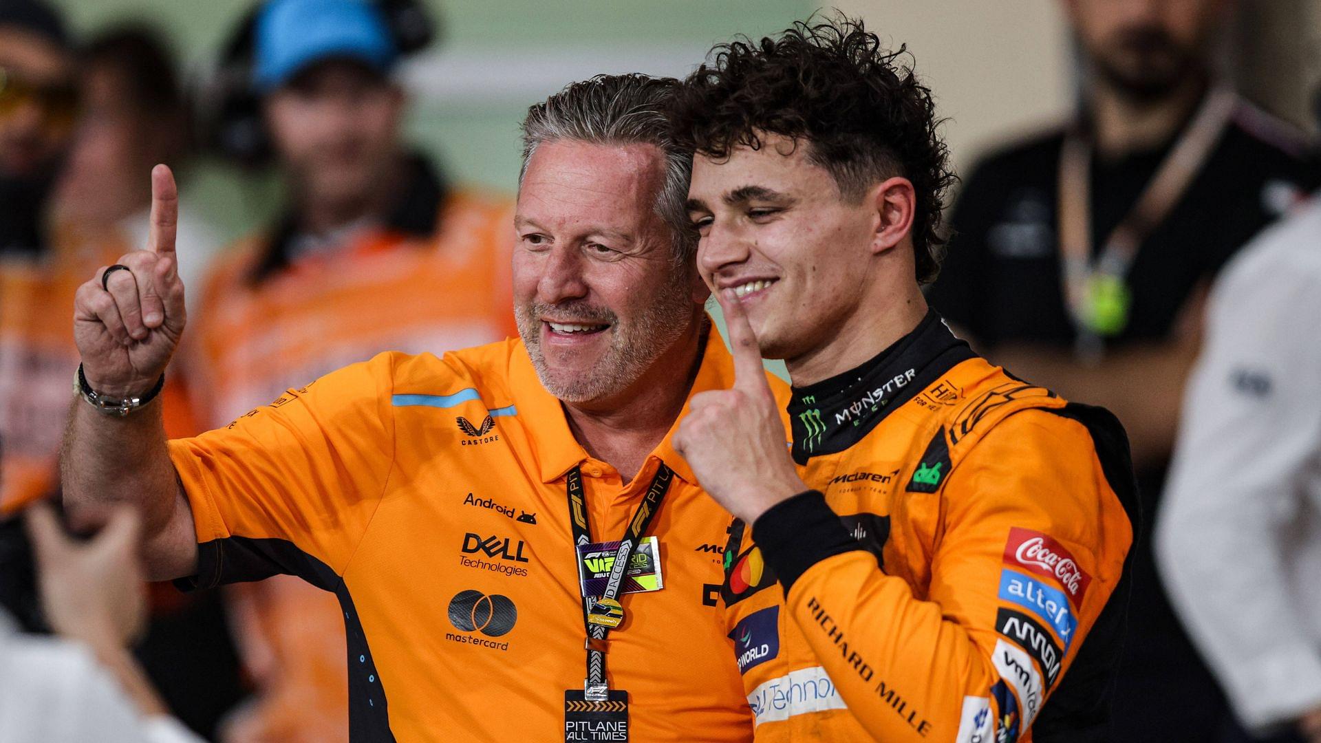 F1 Grand Prix Of Abu Dhabi Zak Brown, CEO of McLaren Racing, and Lando Norris of the McLaren F1 Team MCL38, celebrate the Constructors World Championship