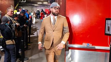 Kansas City Chiefs tight end Travis Kelce (87) arrives prior to the game against the Buffalo Bills in the AFC Championship game at GEHA Field at Arrowhead Stadium.