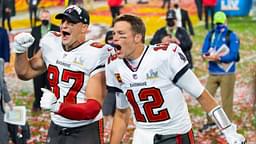 Tampa Bay Buccaneers quarterback Tom Brady (12) and tight end Rob Gronkowski (87) celebrate after beating the Kansas City Chiefs in Super Bowl LV at Raymond James Stadium.