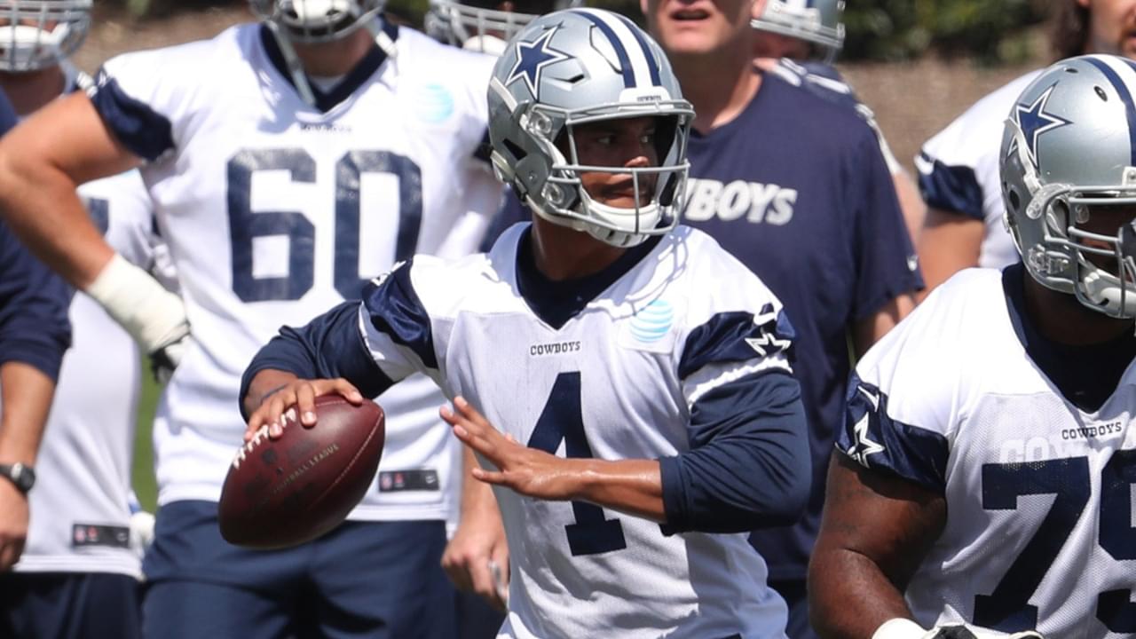 Jun 13, 2017; Frisco, TX, USA; Dallas Cowboys quarterback Dak Prescott (4) throws in the pocket during minicamp at The Star at Cowboys World Headquarters.