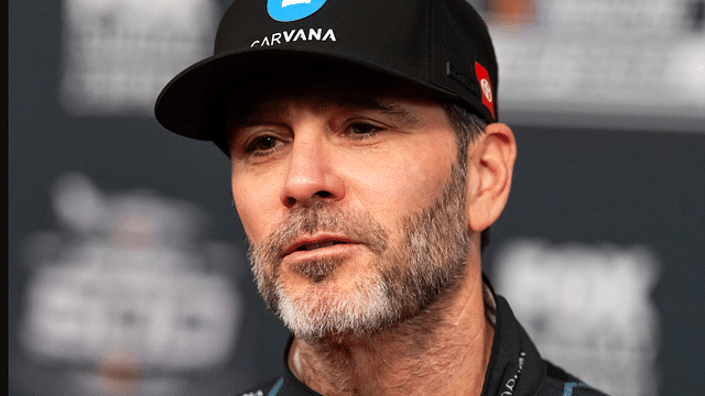 Feb 12, 2025; Daytona Beach, Florida, USA; NASCAR Cup Series driver Jimmie Johnson during Daytona 500 media day at Daytona International Speedway. Mandatory Credit: Mark J. Rebilas-Imagn Images