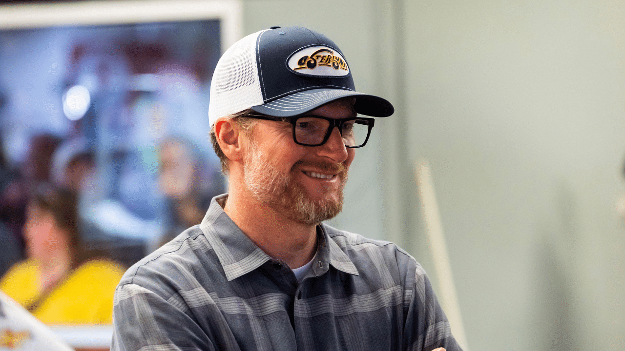 Feb 14, 2025; Daytona Beach, Florida, USA; NASCAR Cup Series team owner Dale Earnhardt Jr during practice for the Daytona 500 at Daytona International Speedway. Mandatory Credit: Mark J. Rebilas-Imagn Images