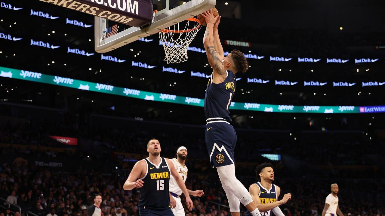 Denver Nuggets forward Michael Porter Jr. (1) rebounds a ball during the third quarter against the Los Angeles Lakers at Crypto.com Arena.