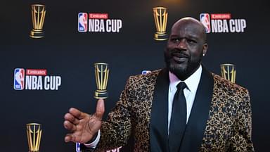 Shaquille O'Neal arrives on the red carpet before the Emirates NBA Cup semifinal game at T-Mobile Arena.