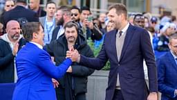 Dallas Mavericks owner Mark Cuban and former power forward Dirk Nowitzki during the ceremony for the unveiling of a statue honoring Nowitzki before the game between the Dallas Mavericks and the Los Angeles Lakers American Airlines Center