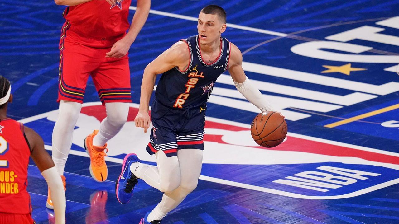 Kennyís Young Stars guard Tyler Herro (14) of the Miami Heat controls the ball against Chuckís Global Stars during the 2025 NBA All Star Game at Chase Center