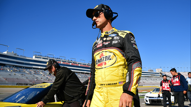 Oct 19, 2024; Las Vegas, Nevada, USA; NASCAR Cup Series driver Joey Logano (22) during qualifying for the South Point 400 at Las Vegas Motor Speedway. Mandatory Credit: Gary A. Vasquez-Imagn Images