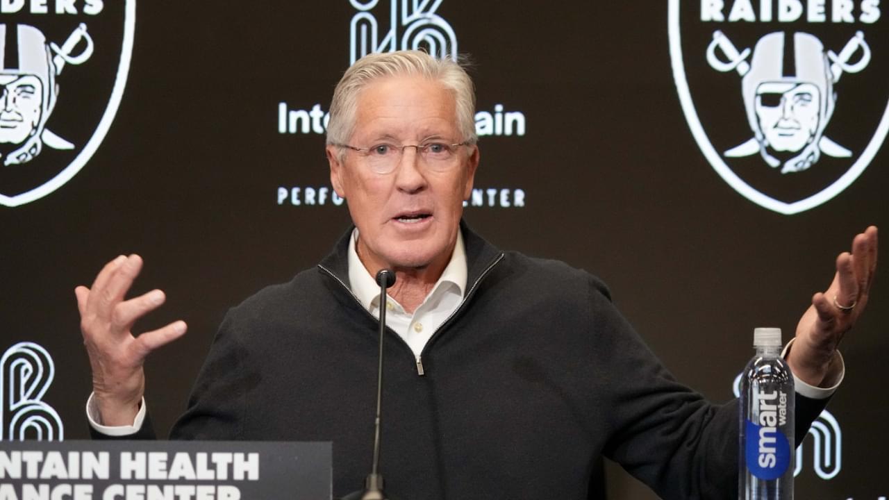 Jan 27, 2025; Las Vegas, NV, USA; Las Vegas Raiders coach Pete Carroll at press conference at Intermountain Health Performance Center.