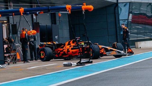 McLaren's 2025 car MCL39 heading out of the pits at Silverstone