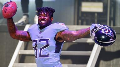 Tennessee Titans tight end Delanie Walker (82) takes the stage during the Titans uniform reveal event held at Broadway and 1st Avenue.