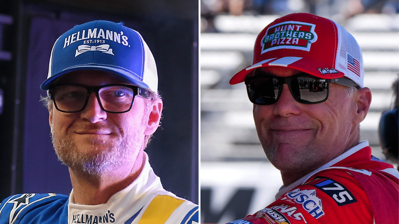 (L-R) Former NASCAR Cup Series drivers Dale Earnhardt Jr. and Kevin Harvick.