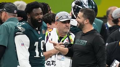 Feb 9, 2025; New Orleans, LA, USA; Philadelphia Eagles head coach Nick Sirianni reacts with linebacker Josh Sweat (19) during the fourth quarter against the Kansas City Chiefs in Super Bowl LIX at Caesars Superdome.