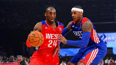 Western Conference guard Kobe Bryant (24) of the Los Angeles Lakers drives against Eastern Conference forward Carmelo Anthony (7) of the New York Knicks in the first quarter of the 2013 NBA all star game at the Toyota Center