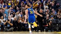 Golden State Warriors guard Stephen Curry (30) reacts after hitting a three-point shot against the Dallas Mavericks during the third quarter at Chase Center.