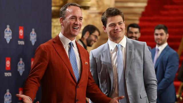 Former NFL quarterback Peyton Manning interviews NFL prospect Drake Maye, a quarterback who played at North Carolina, as he walks the red carpet for NFL draft day at the Fox Theatre in Detroit on Thursday, April 25, 2024.