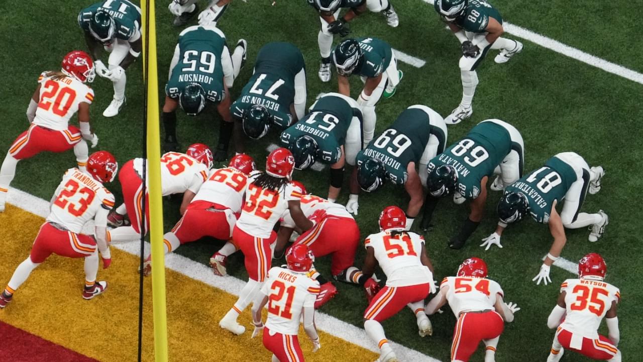 Feb 9, 2025; New Orleans, LA, USA; Philadelphia Eagles quarterback Jalen Hurts (1) prepares to snap the ball in the first quarter against the Kansas City Chiefs during Super Bowl LIX at Caesars Superdome.