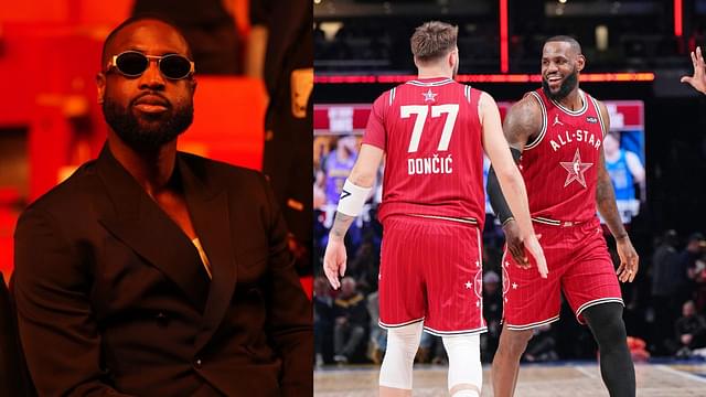 Dwyane Wade (L), LeBron James and Luka Doncic (R)