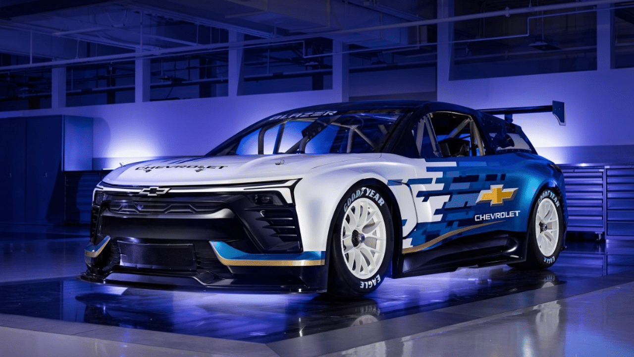 Front three-quarters view of Chevrolet's NASCAR EV prototype, the Blazer EV.R.