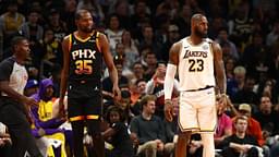 Los Angeles Lakers forward LeBron James (23) against Phoenix Suns forward Kevin Durant (35) during an NBA Cup game at Footprint Center