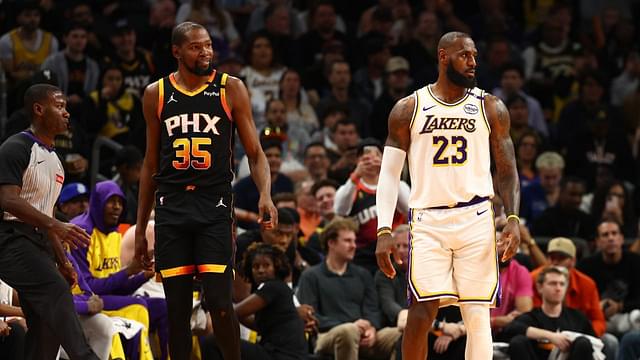 Los Angeles Lakers forward LeBron James (23) against Phoenix Suns forward Kevin Durant (35) during an NBA Cup game at Footprint Center