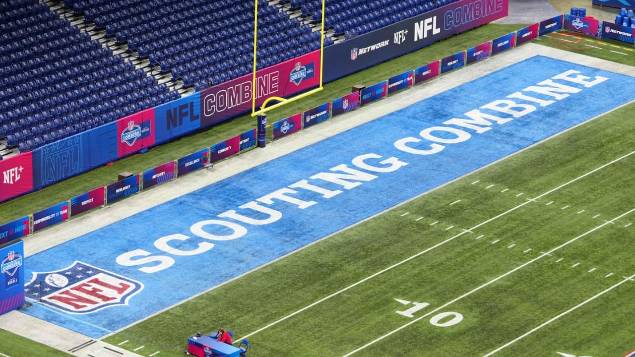 Feb 28, 2024; Indianapolis, IN, USA; The 2024 NFL Scouting Combine logo in the end zone at Lucas Oil Stadium.