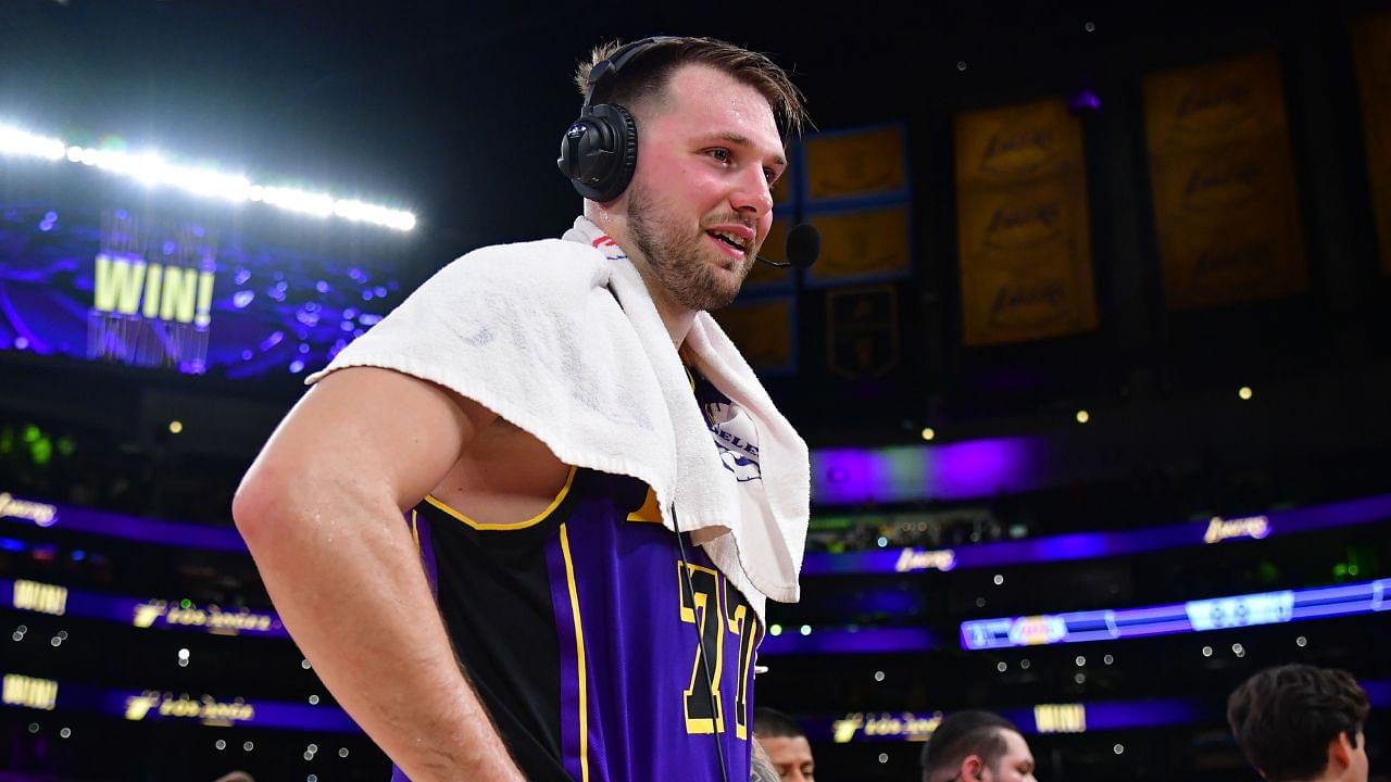 Los Angeles Lakers guard Luka Doncic (77) speaks to the media after the game against the Dallas Mavericks reacts at Crypto.com Arena.