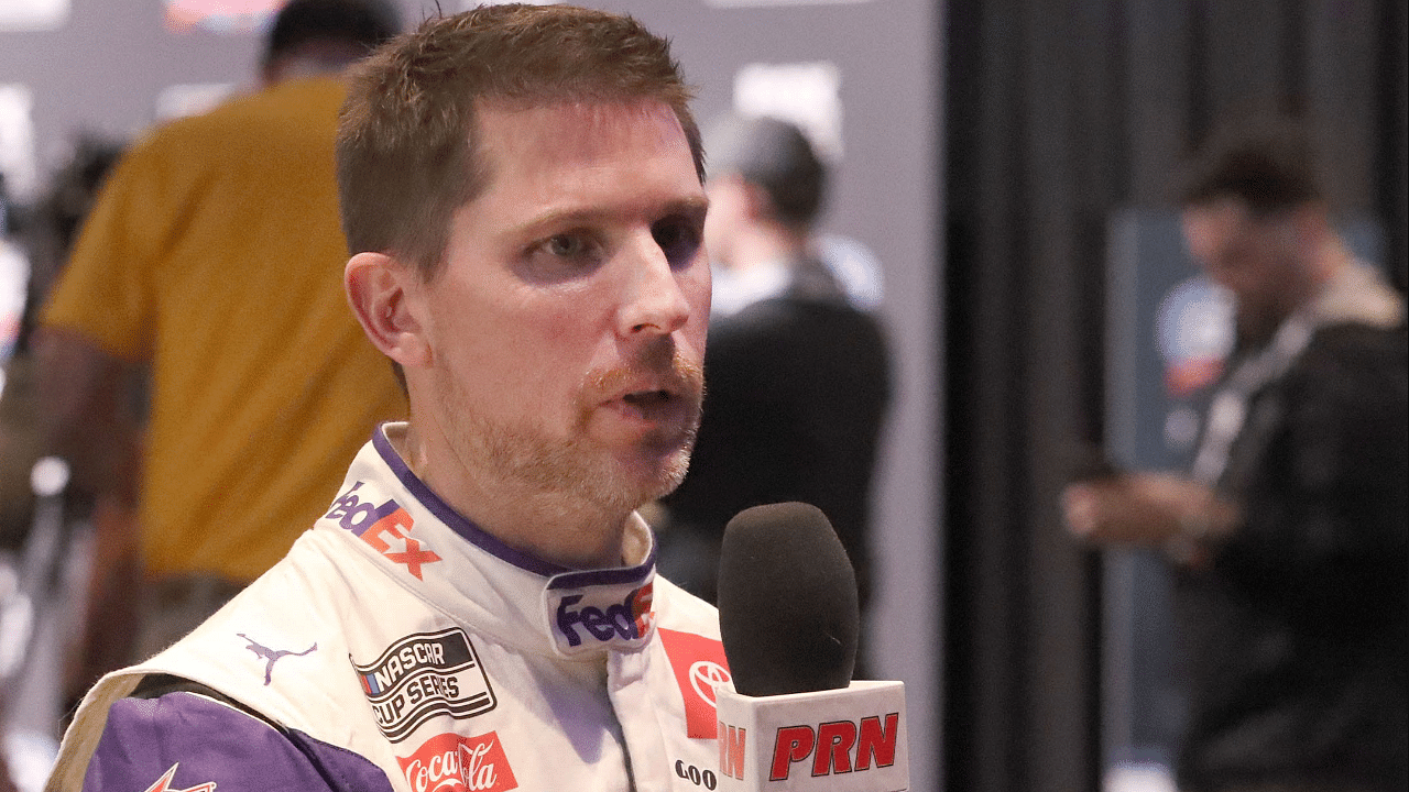 Denny Hamlin talks with Performance Racing Network Wednesday, February 14, 2024 during Daytona 500 Media Day at Daytona International Speedway.