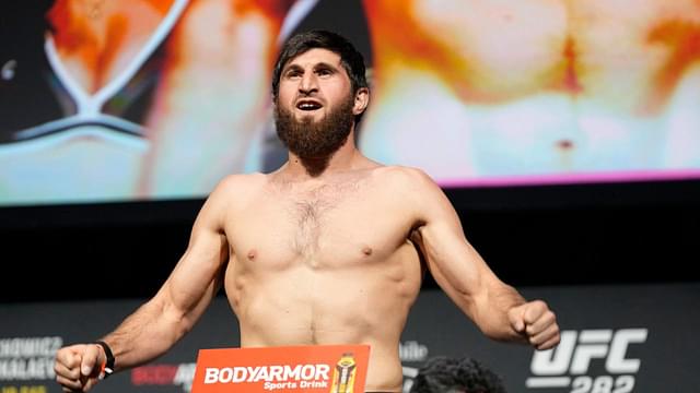 Magomed Ankalaev steps on the scale for the ceremonial weigh-in at MGM Grand Garden Arena for UFC 282