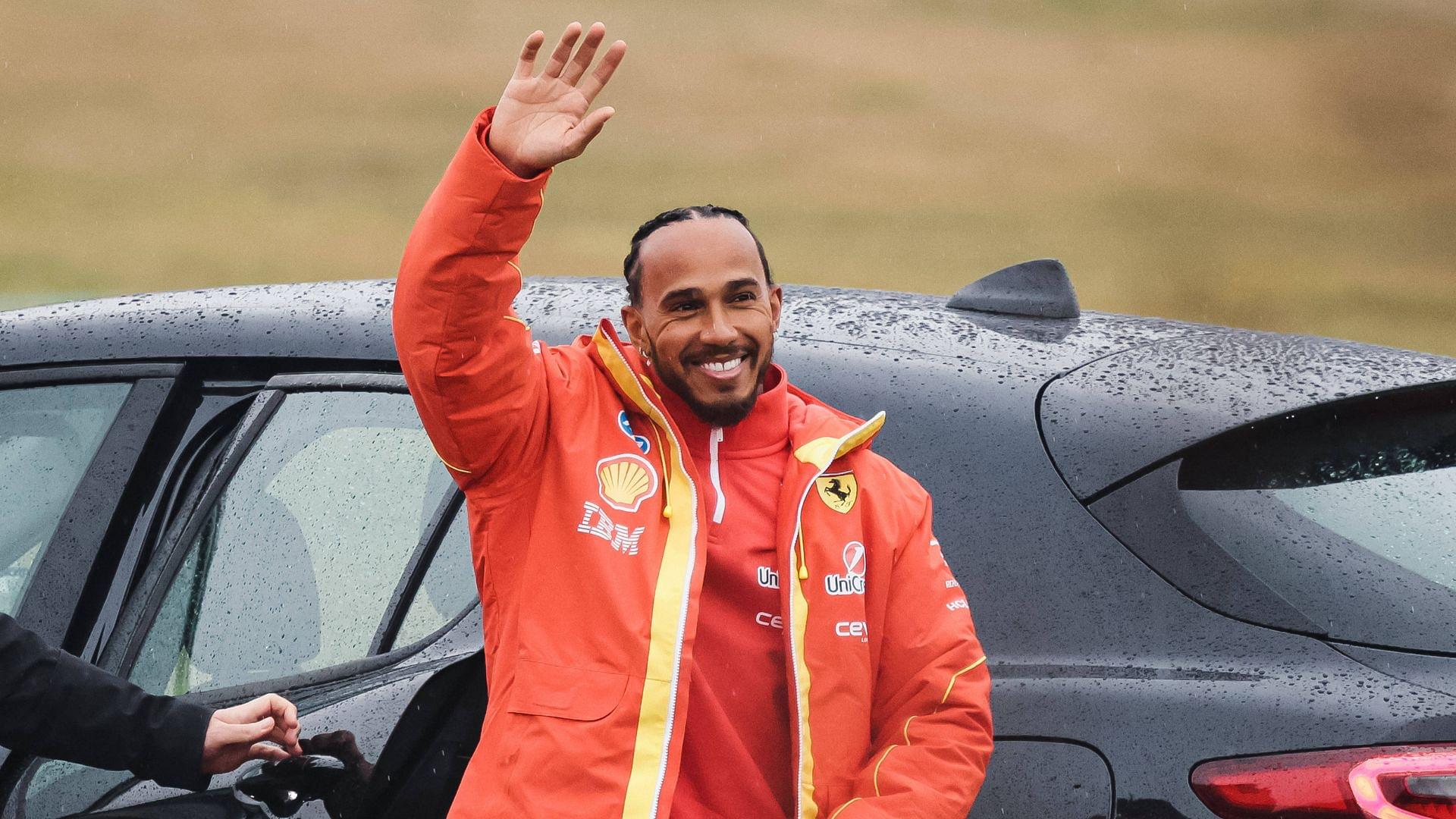 Lewis Hamilton drives on track during the first day of testing as a Scuderia Ferrari F1 driver at the Fiorano Circuit