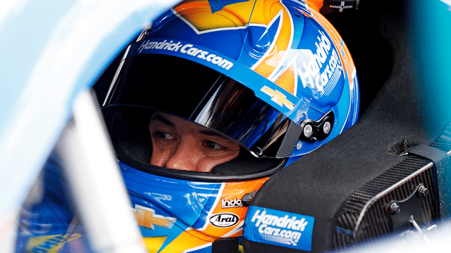 Feb 15, 2025; Daytona Beach, Florida, USA; NASCAR Cup Series driver Kyle Larson (5) during practice for the Daytona 500 at Daytona International Speedway. Mandatory Credit: Peter Casey-Imagn Images