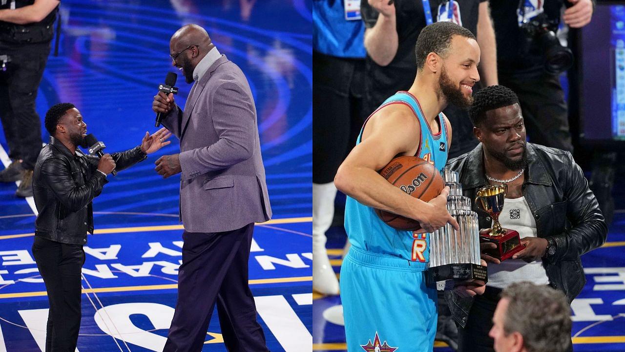 Kevin Hart and Shaquille O'Neal (L), Kevin Hart and Stephen Curry (R)