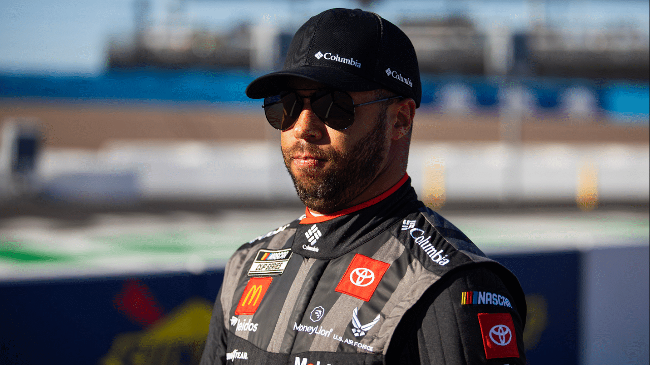 Nov 9, 2024; Avondale, Arizona, USA; NASCAR Cup Series driver Bubba Wallace (23) during qualifying for the Championship race at Phoenix Raceway. Mandatory Credit: Mark J. Rebilas-Imagn Images