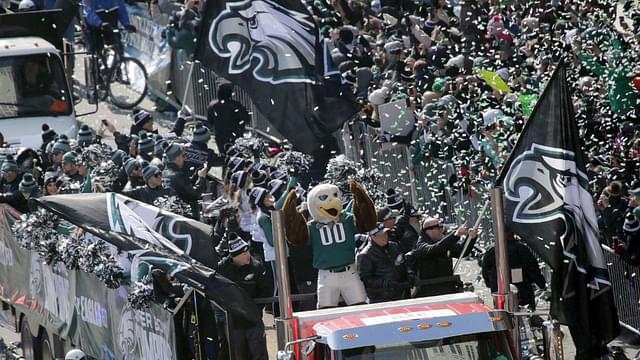 Fans line the parade route as the Philadelphia Eagles celebrate their first Super Bowl Championship with a parade down Broad Street to the Philadelphia Museum of Art.