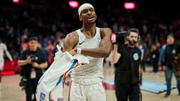 Oklahoma City Thunder guard Shai Gilgeous-Alexander (2) gives his shirt away to a fan after a game against the Portland Trail Blazers at Moda Center.