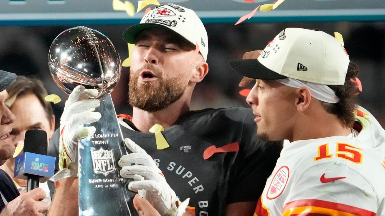 Super Bowl 57: Kansas City Chiefs quarterback Patrick Mahomes passes the the Lombardi Trophy to Travis Kelce after winning the Super Bowl against the Philadelphia Eagles at State Farm Stadium on Feb 12, 2023