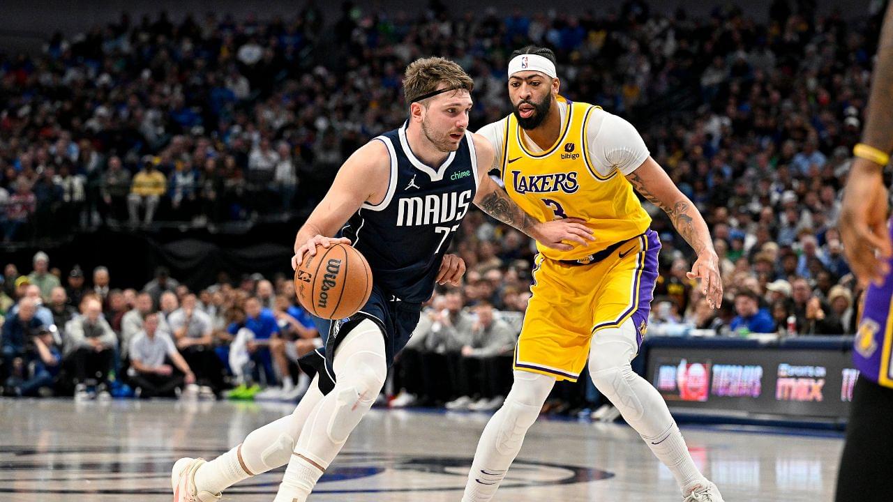 Dallas Mavericks guard Luka Doncic (77) and Los Angeles Lakers forward Anthony Davis (3) in action during the game between the Dallas Mavericks and the Los Angeles Lakers at the American Airlines Center